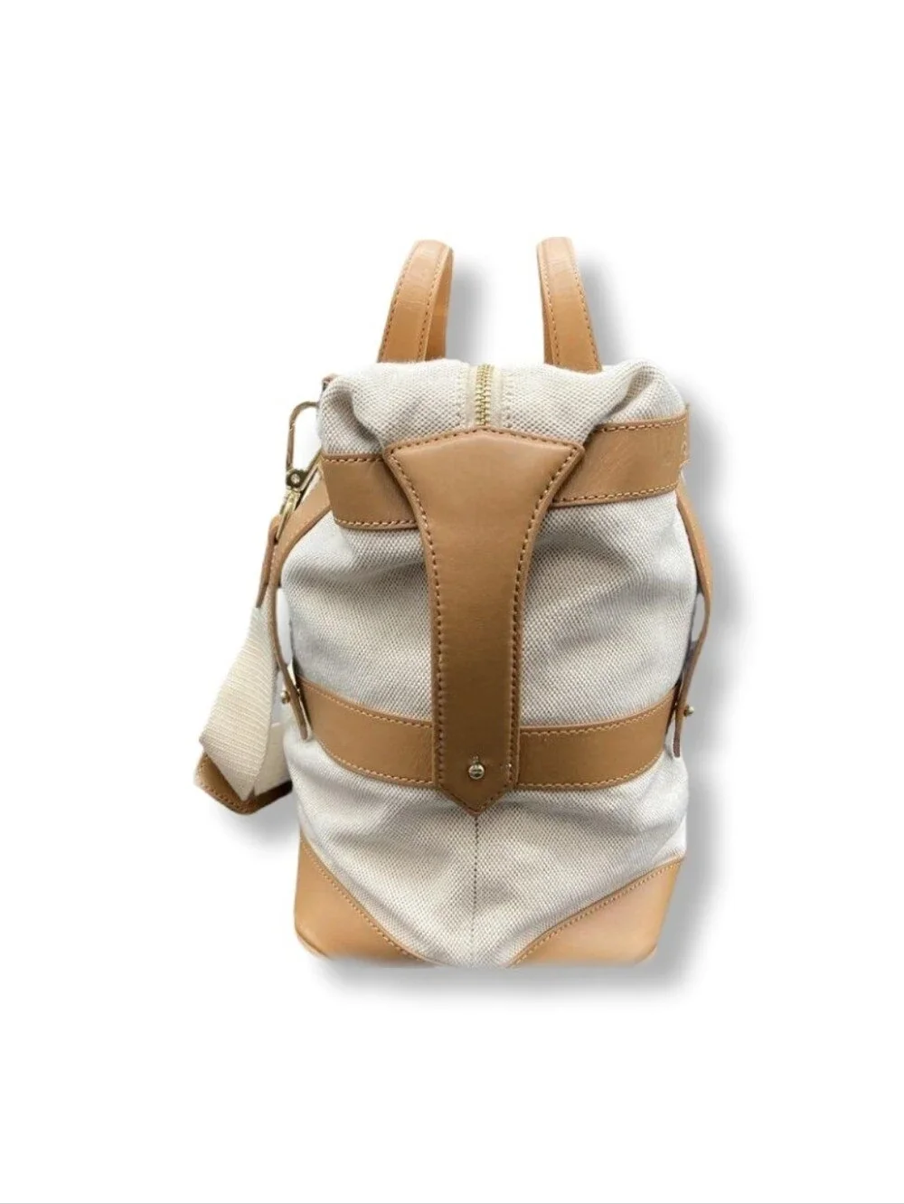 Cream Canvas Duffel with Tan Trim and Adjustable Strap